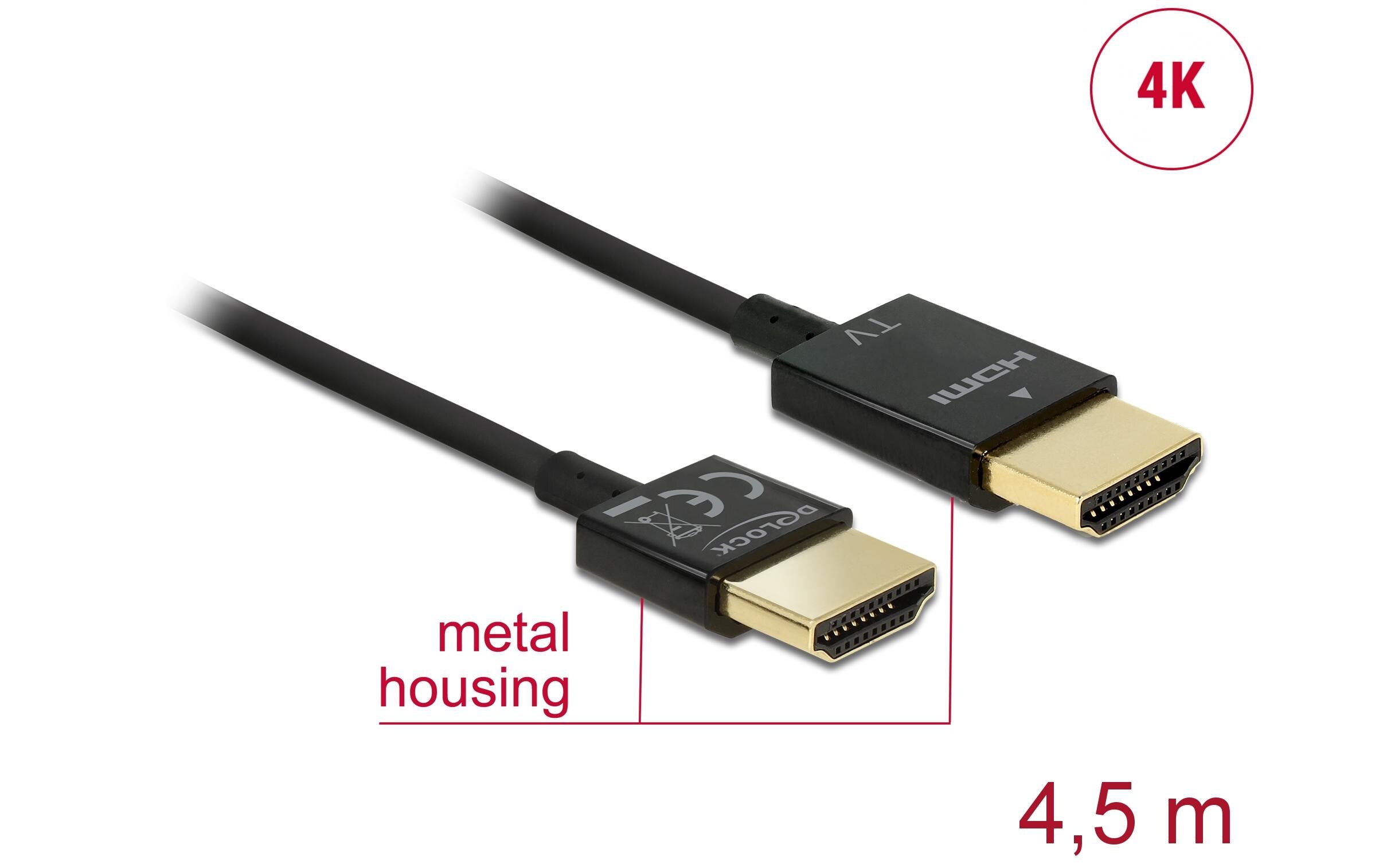Kabel 4K 60Hz HDMI - HDMI, 4.5 m, SchwarzDelock Kabel High Speed HDMI mit Ethernet – HDMI-A Stecker > HDMI-A Stecker 3D 4K 4.5 m Slim High Quality