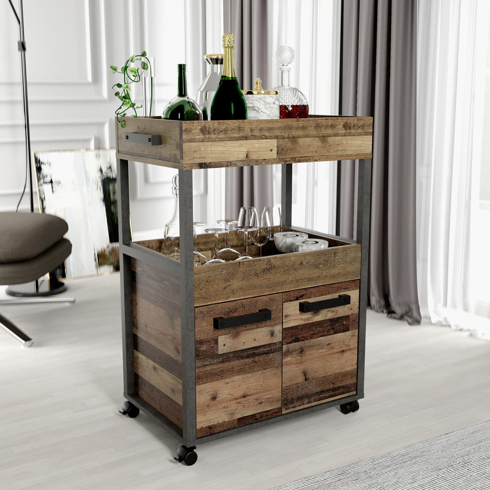 Hausbar - Old Wood Vintage - Betonoptik - auf Rollen