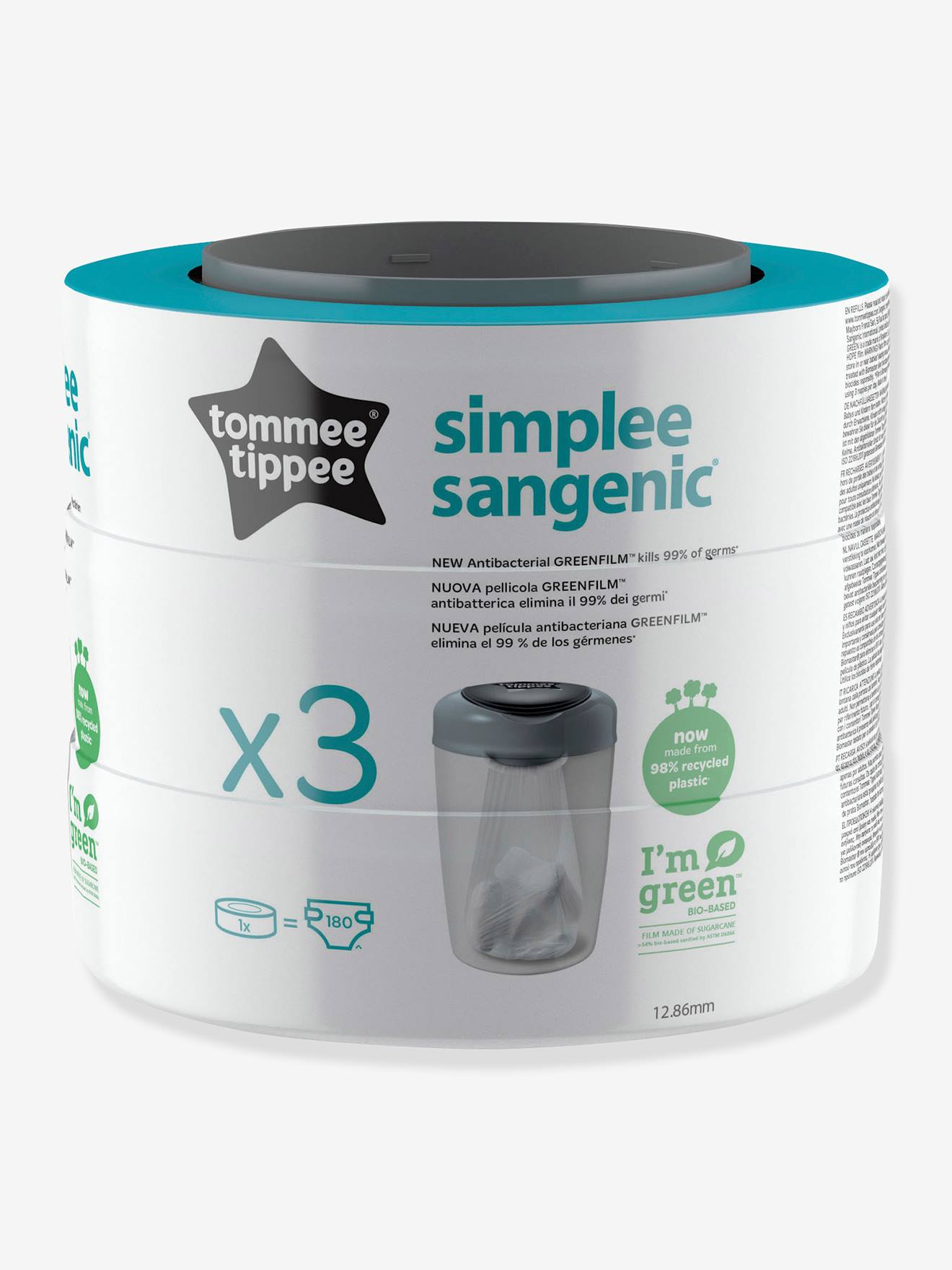 Pacote com 3 refis para a lixeira de fraldas Simplee Tommee Tippee SANGENIC, branco claro, sem detalhes.