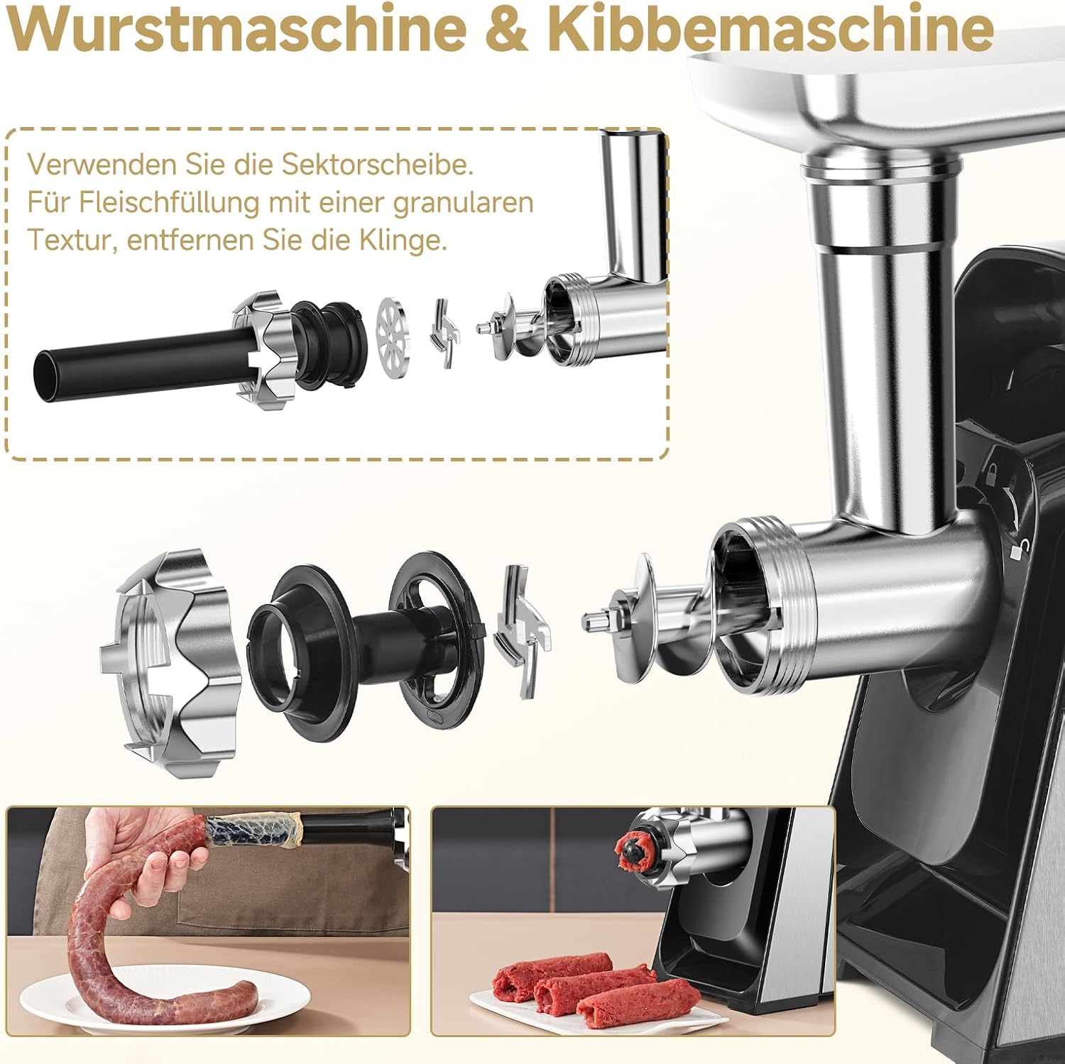 AAOBOSI Fleischwolf Elektrisch, 3-IN-1 [3000W Max] Multi Fleischwolf mit 3 Edelstahl-Schleifplatten, Kubbe & Wurstfüllrohren,Upgrade der Auto Rücklauffunktion - Edelstahl