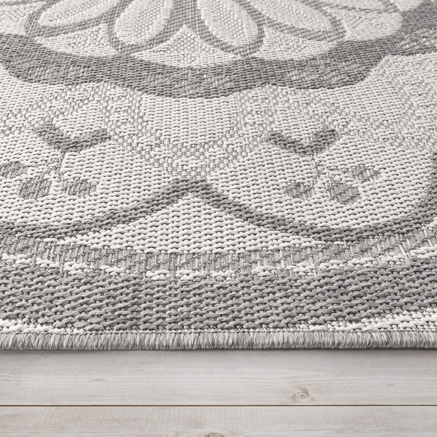 Paco Home Outdoor Teppich wetterfest & robust modernes Mandala & Boho Design pflegeleicht & flachgewebt für Balkon, Terrasse, Garten, Wohnzimmer & Küche Ethno Mandala, Grösse:240x340 cm, Farbe:Grau