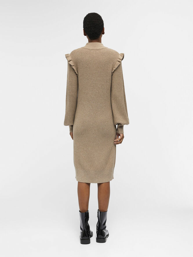 Object OBJMALENA L/S RUFFLE KNIT DRESS NOO Fossil/melange