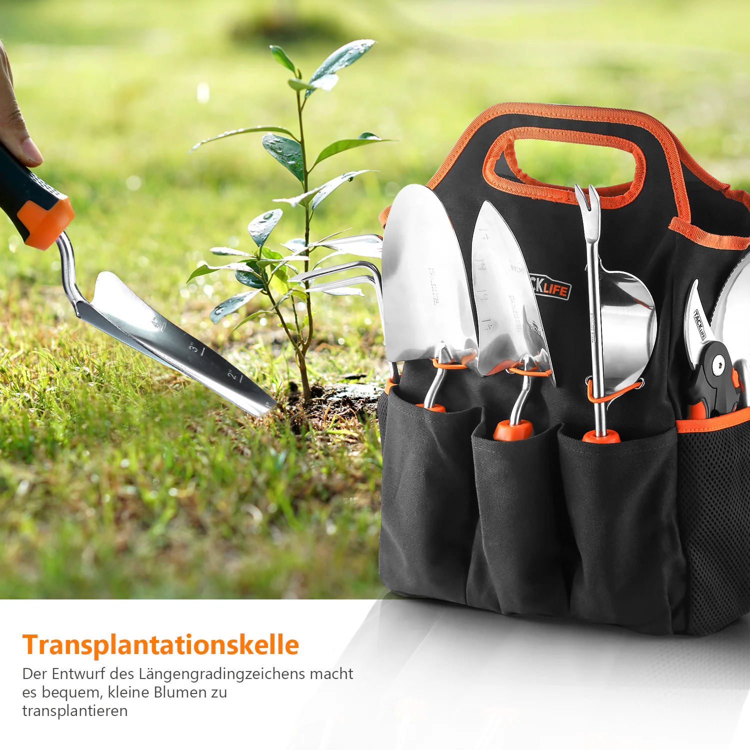 Tacklife GGT4A6-teiliges Gartenwerkzeug-Set Handschaufeln aus Edelstahl, Graben, Umpflanzen, Pflanzkellen, Rechen, robust, mit rutschfestem Gummigriff, Gartenschaufeln mit Aufbewahrungstasche