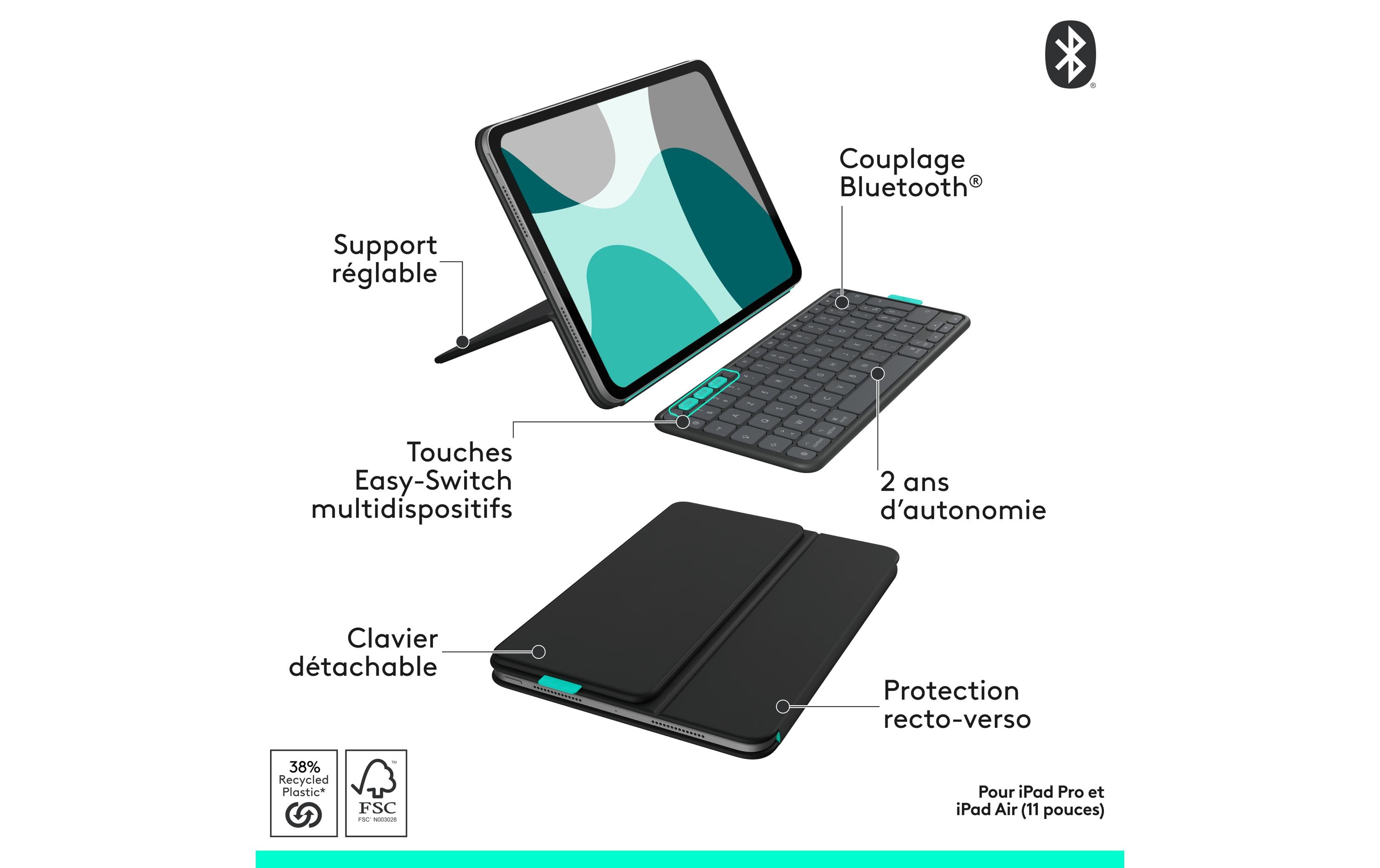 Tablet Tastatur Cover Flip Folio iPad Pro & Air11<br>Vielseitiges iPad Cover mit verstaubarer Tastatur