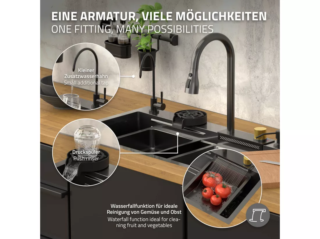 Évier de cuisine encasté multifonctions robinet douchette 80x46 cm anthracite