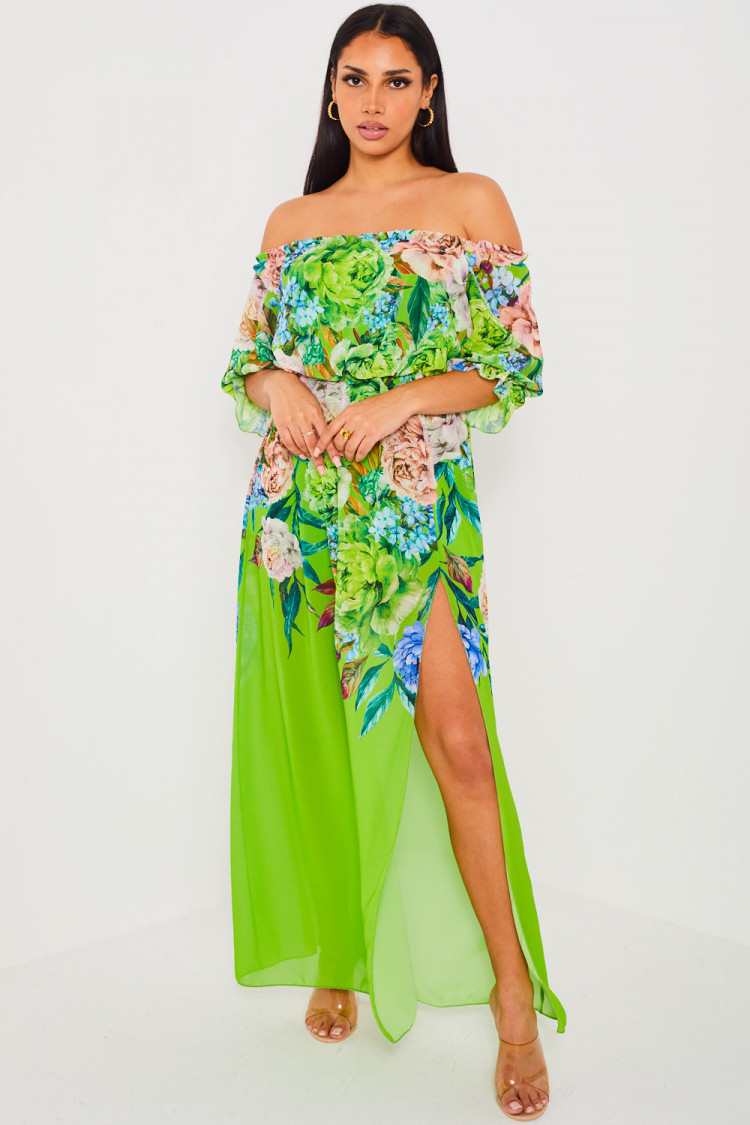 Robe verte longue en voile à fleur
