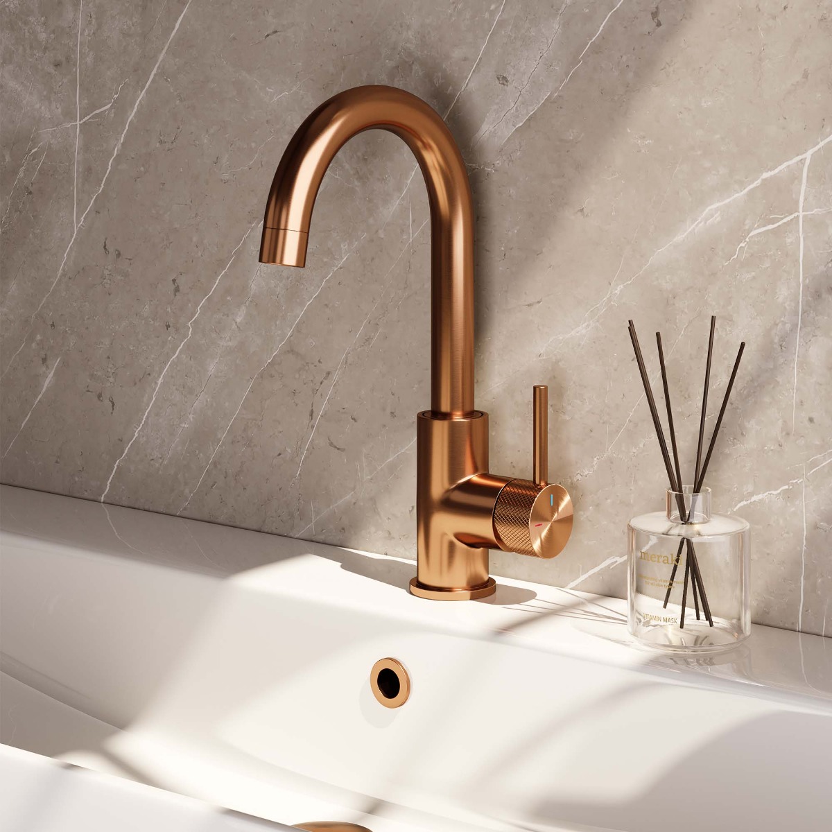 Brauer Copper Carving wastafelkraan met ronde uitloop, ronde handgreep en ColdStart geborsteld koper PVD