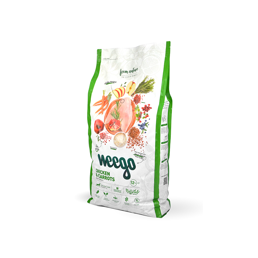 Ração Weego para cães adultos, sabor frango e cenoura.