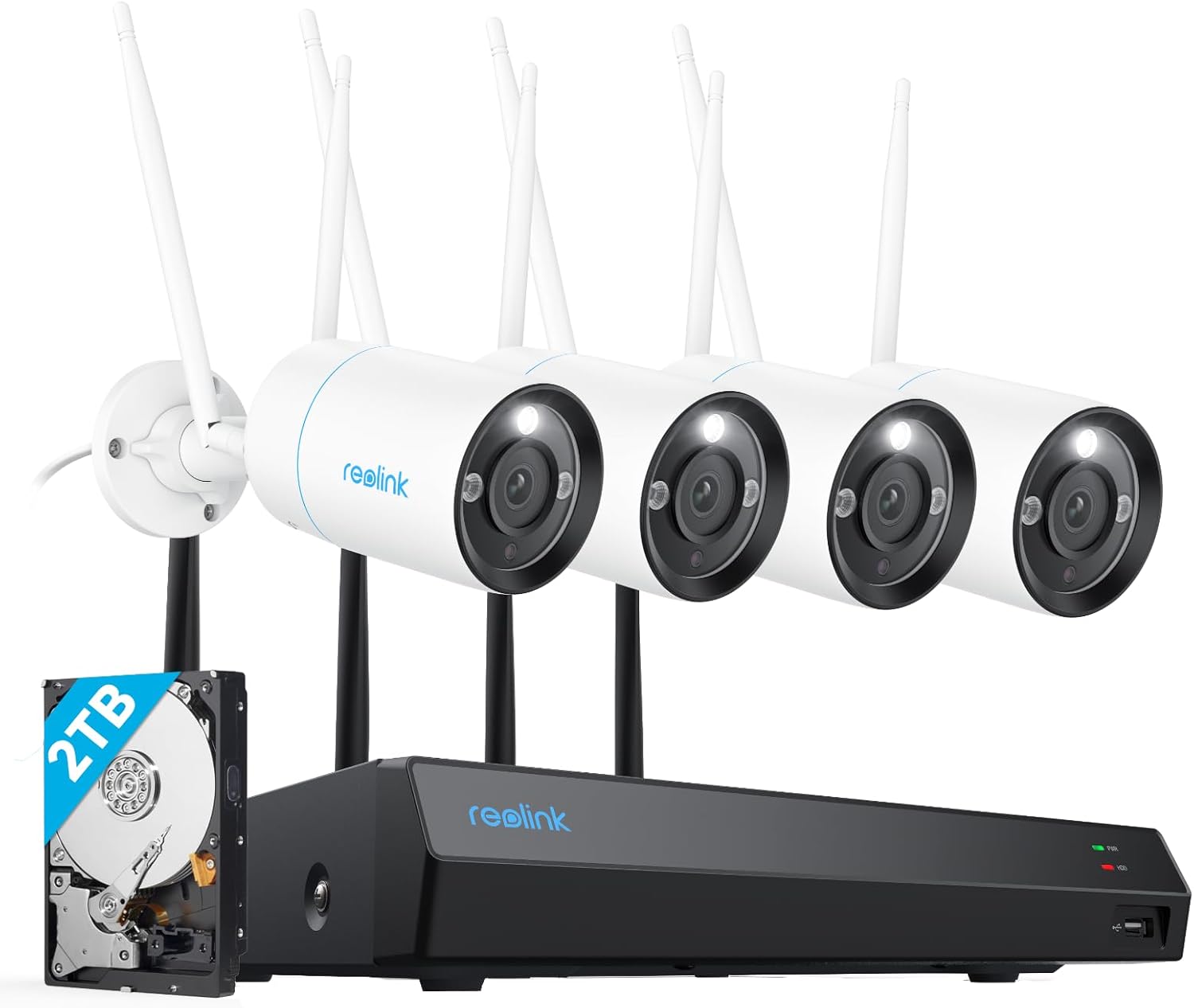 Reolink 4K WLAN Überwachungskamera Set Aussen, 4X 8MP Wi-Fi 6 Kamera Aussen, 12CH WLAN NVR mit 2TB HDD, Vollmetallmaterial, Farbnachtsicht, Person/Fahrzeug/Tiererkennung, 2-Wege-Audio, RLK12-800WB4