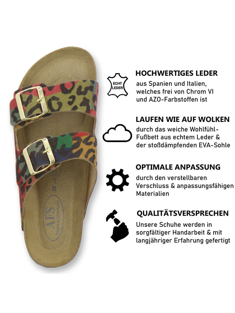 Pantoletten Damen Zweischnaller leo-bunt