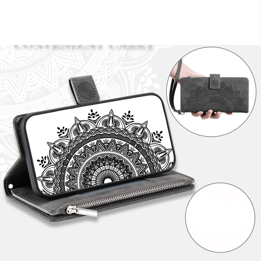 Samsung Galaxy A54 5G Leder Tasche Flip Cover mit Reissverschluss - Mandala Flowers Imprint - Grau