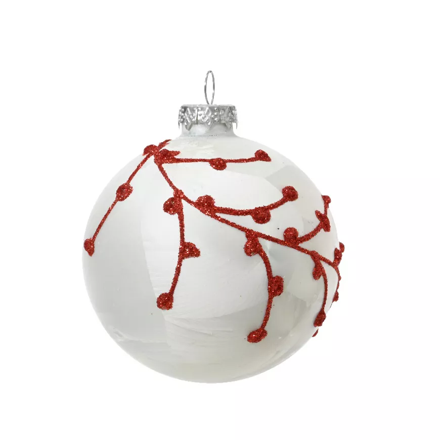 Lot de 3 boules de Noël en verre (D80 mm) Fleurs et baies Blanc