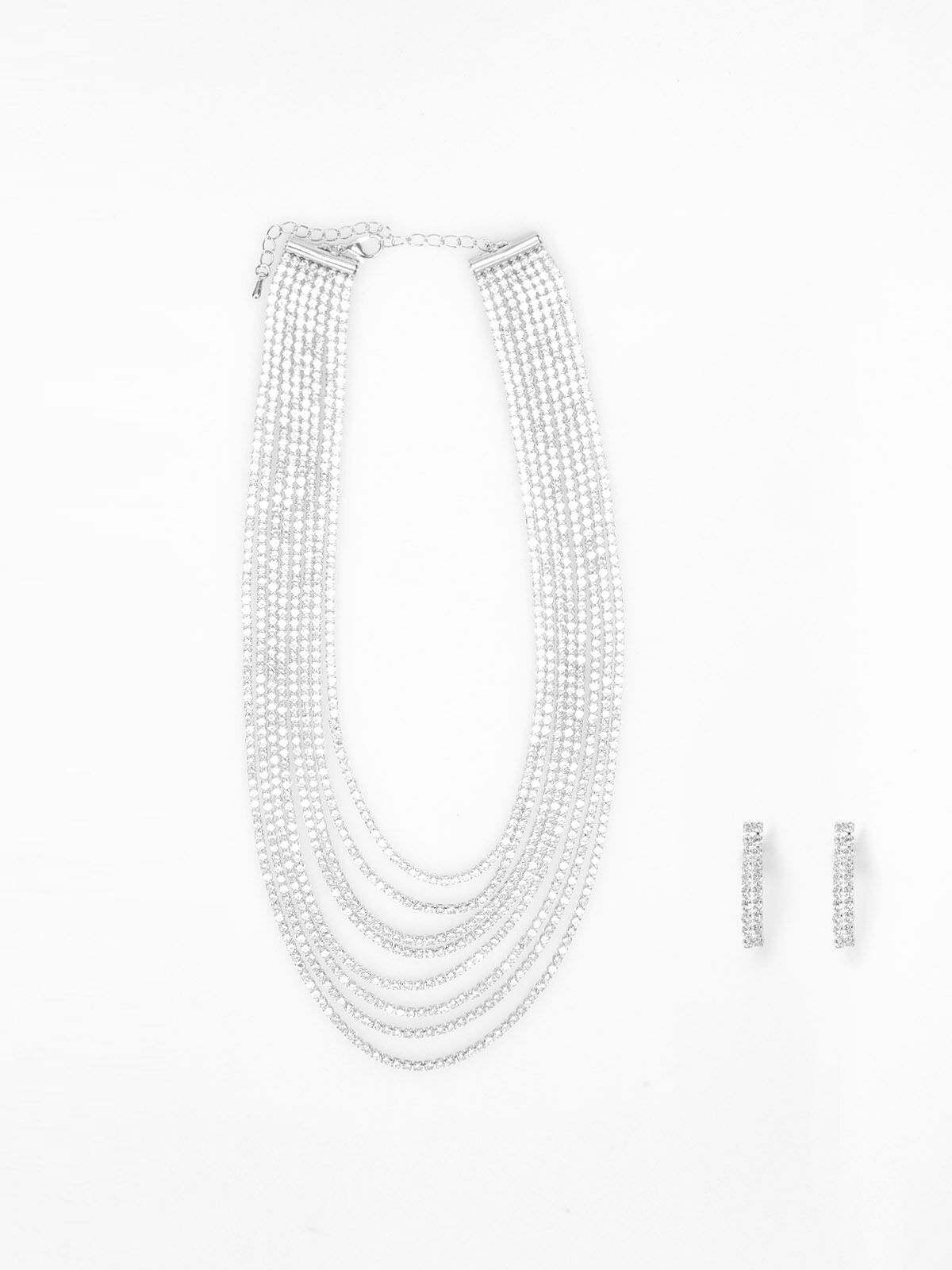 Parure collier multi-rangs et boucles en strass- Argenté