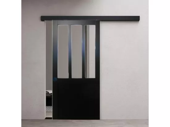 Porte Coulissant Atelier Noir H204 X L73 + Rail Alu Bandeau Noir Et 2 Coquilles Noir Gd Menuiseries