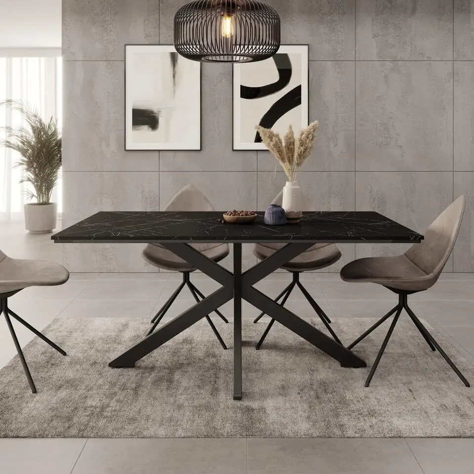 Meubella - Eetkamertafel Wabe - Zwart marmerlook - 160 cm