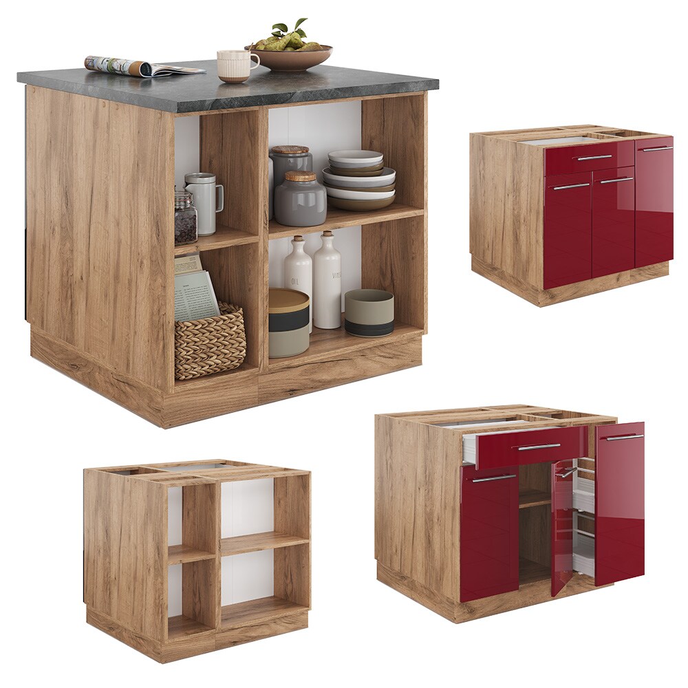 Vicco Kücheninsel Küchenblock Einbauküche Fame-Line Eiche Bordeaux Rot 90 cm modern Hochglanz Küchen Schränke Apothekerunterschrank Schubunterschrank Regalinselunterschrank Softclose-Scharnier Küchenmöbel
