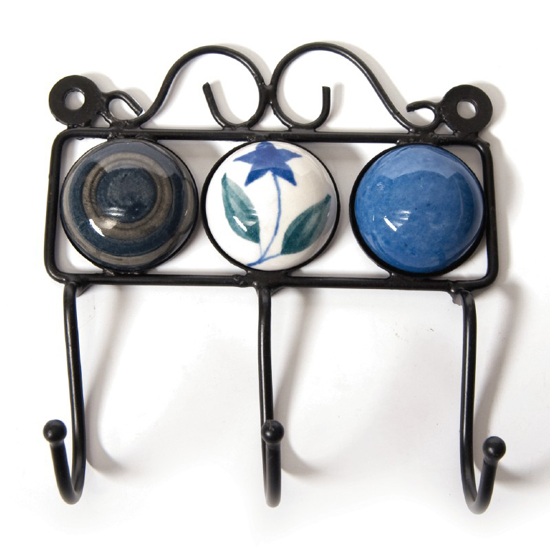 Wandhaken 3fach, blau/weiß, L 4,5 cm, B 14,5 cm, H 15 cm von fischer's lagerhaus
