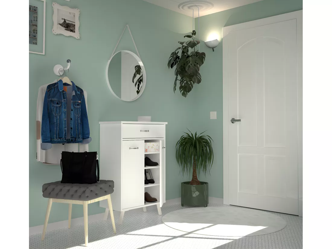 Commode Meuble à chaussures avec 2 portes et tiroir coloris blanc - Hauteur 99 x Longueur 65 x Profondeur 35 cm