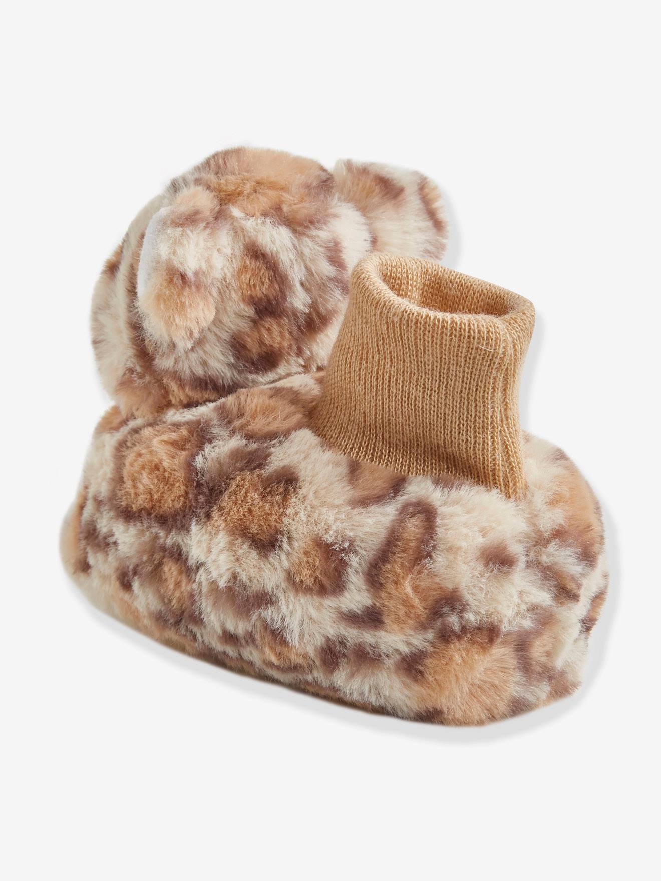 Pantufas de pelúcia bege com estampa, tamanho médio, para bebê menino.