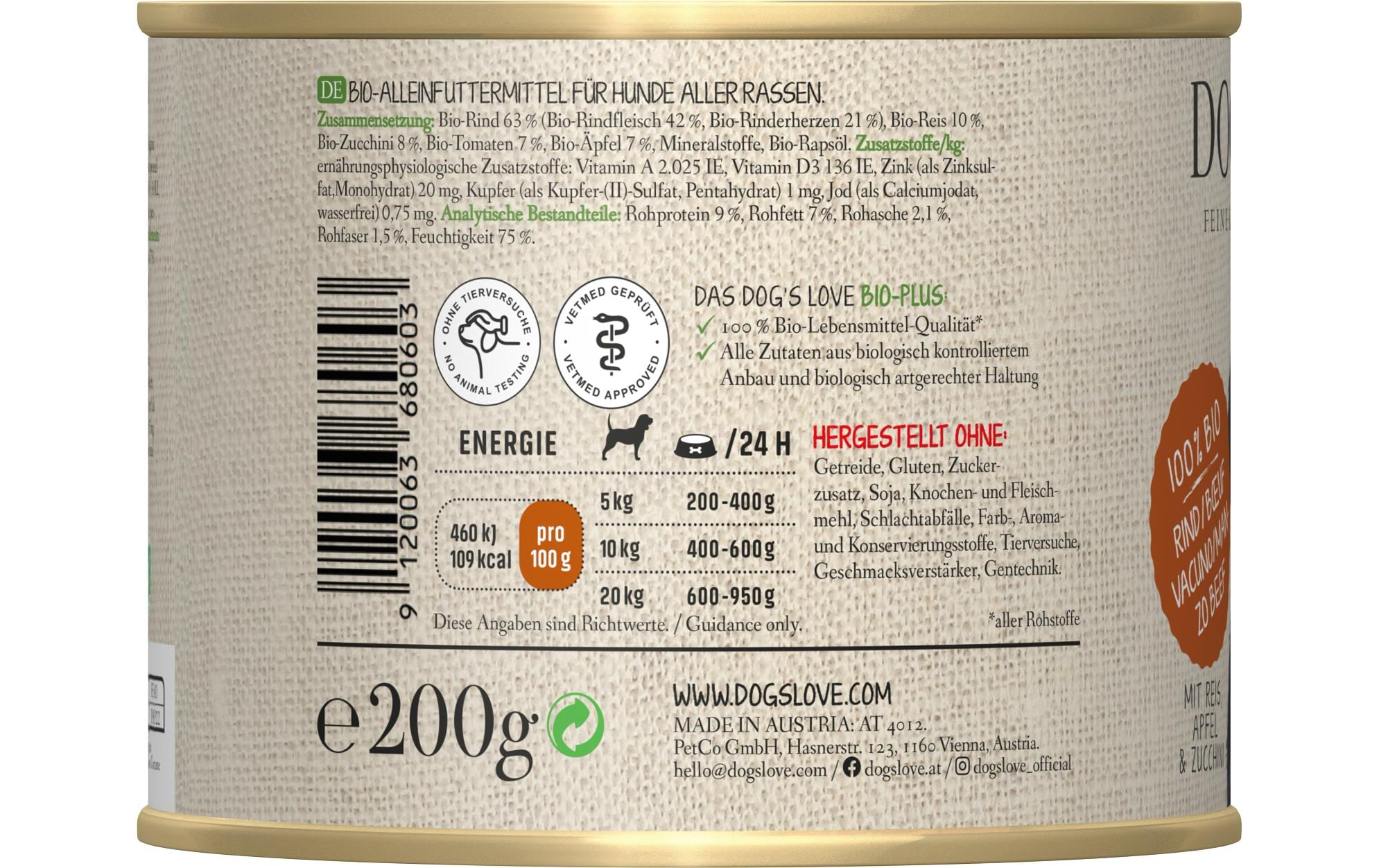 Nassfutter BIO Adult Rind, 6 x 200 gAlleinfuttermittel für ausgewachsene Hunde