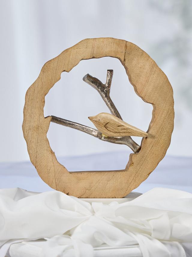 Mangoholzscheibe mit Aluminiumzweig und Vogel