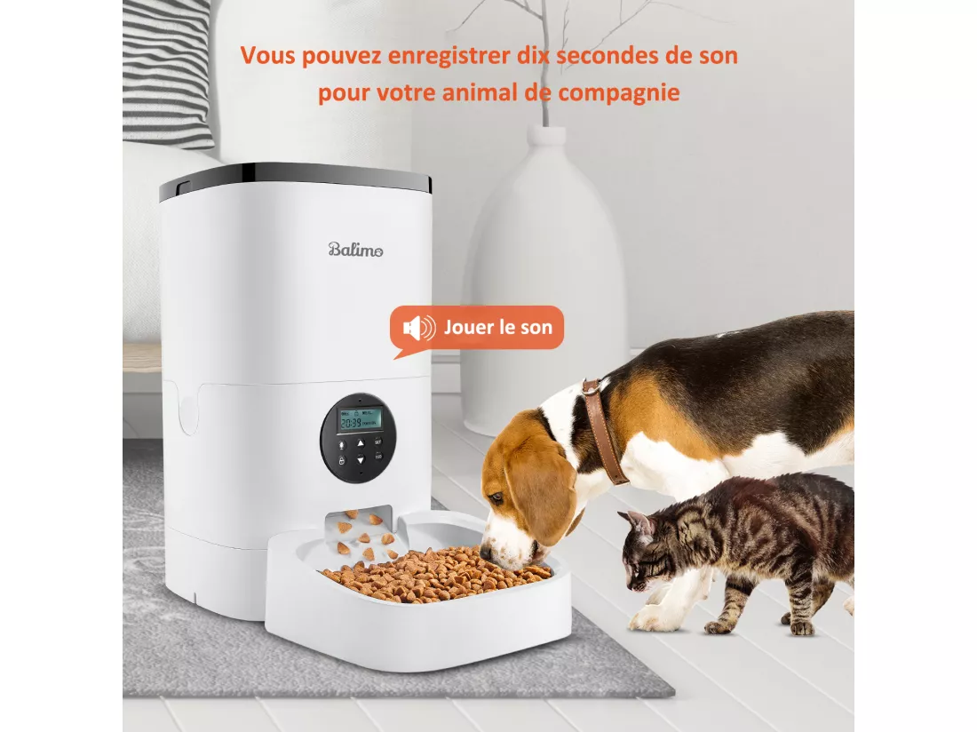 Balimo 4LDistributeur de Croquettes Chats/Chiens,avec Adaptateur Secteur/Batterie ​Mangeoire avec Écran LCD,Enregistrement Vocal 10S ,minuterie,Blanc