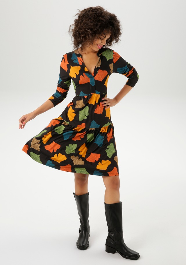 Aniston CASUAL Jerseykleid mit bunten Blättern bedruckt - jedes Teil ein Unikat - NEUE KOLLEKTION