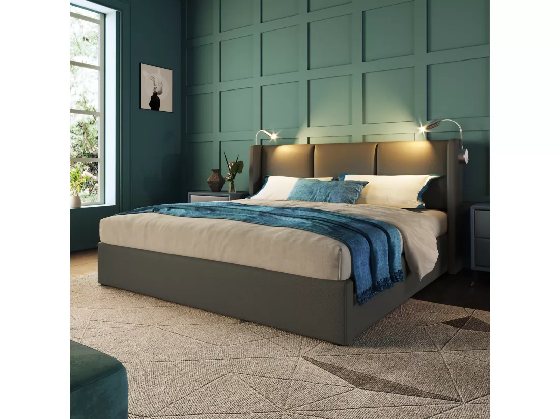 Lit coffre 160x200cm en similicuir - avec lampes de lecture et Ports de charge USB - avec sommier à lattes - Gris