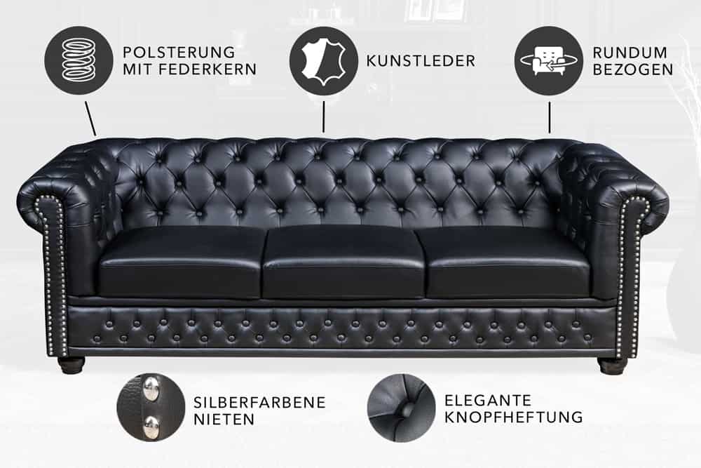 Chesterfield 3-Sitzer Sofa 205cm schwarz Nietenbesatz Federkern