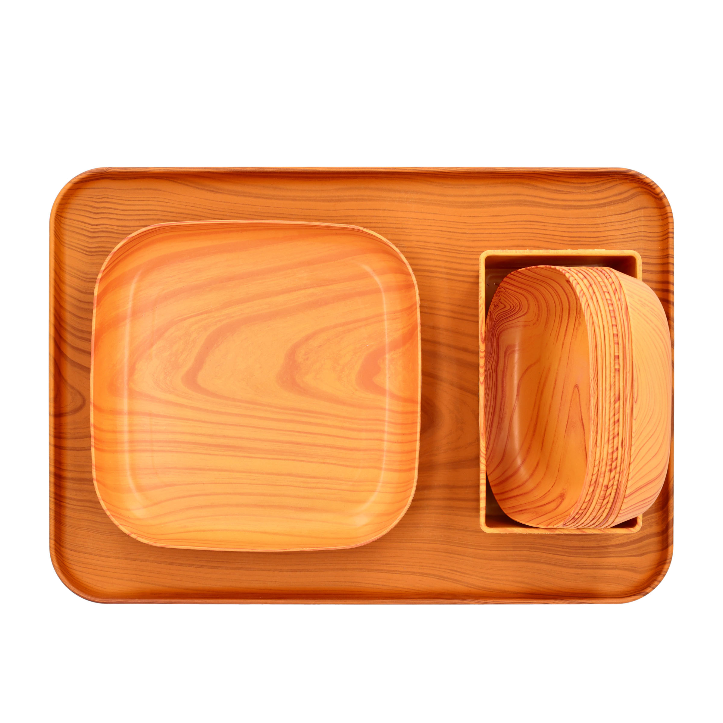 (13-tlg. Set) Serviertablett Küchen Snack Tablett inkl. Schälchen   Teller in Holz Optik - Braun