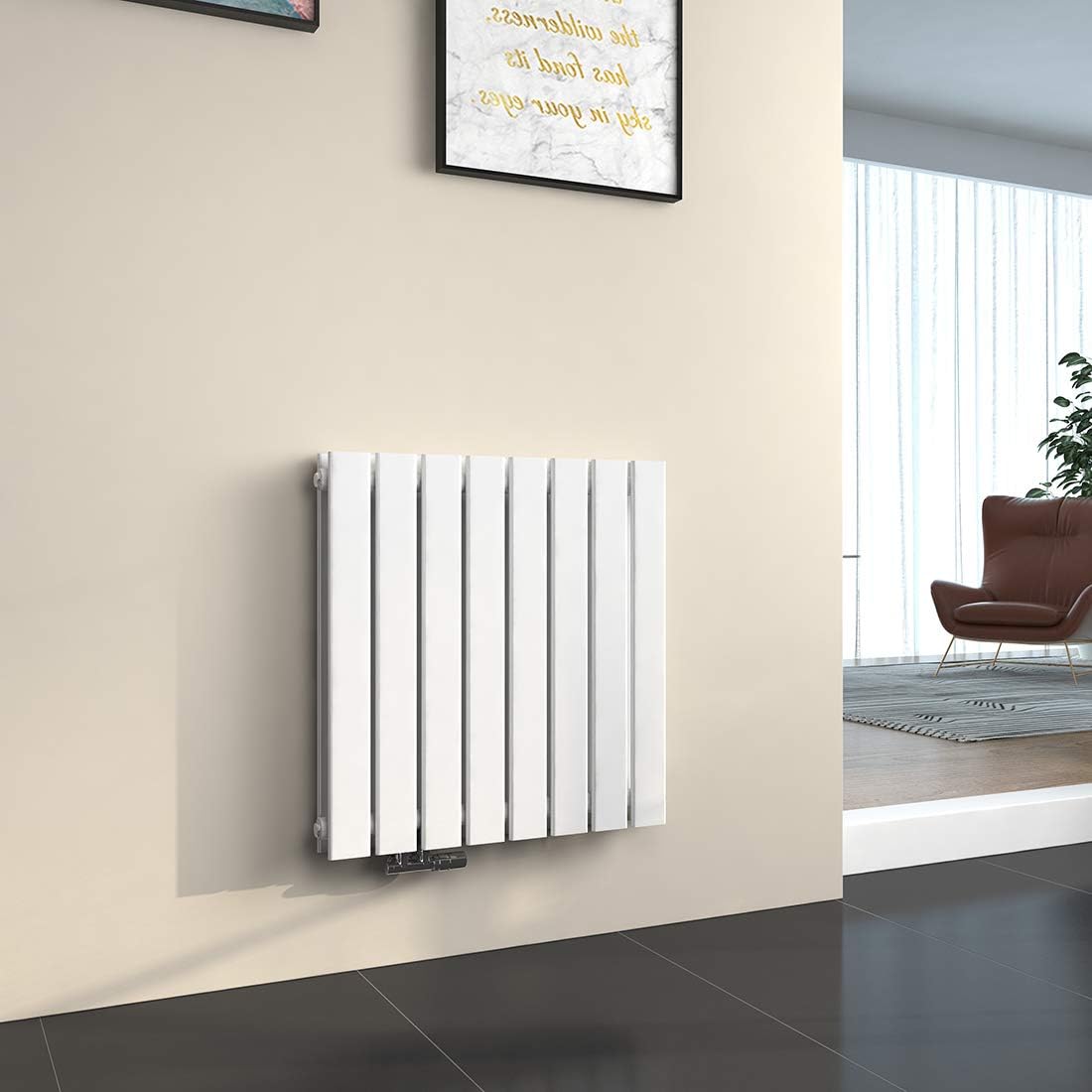 EMKE Heizkörper Horizontal 630x616 mm, Design Flachheizkörper mit Seitenanschluss, Doppellagig Weiß Paneelheizkörper Wandheizkörper für Bad, Schlafzimmer & Wohnzimmer, 805W