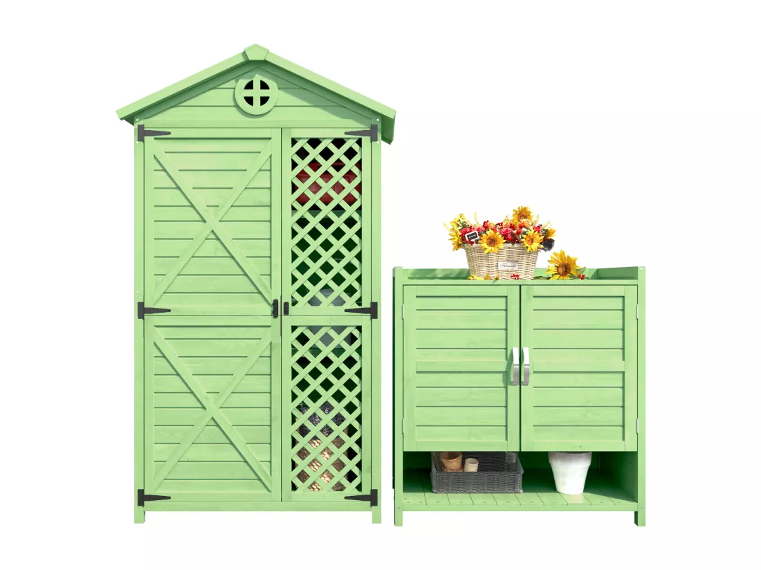 Ensemble Abri de jardin + armoire de jardin en bois massif - toit pente résistant aux intempéries - Gris