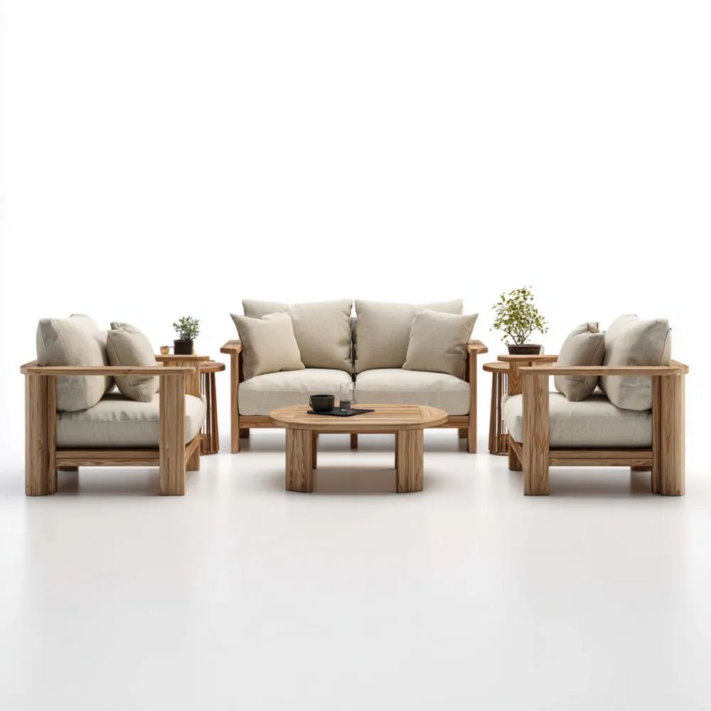 Garten-Sofaset Holz (75x80x85 cm, 150x80x85 cm, 100x50x45 cm) - Beige