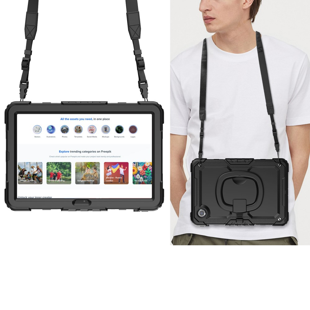 Lenovo Tab Tab M11 (1. Gen.) Hybrid Outdoor Silikon Case Hülle mit Aufsteller und Schultergurt - Schwarz