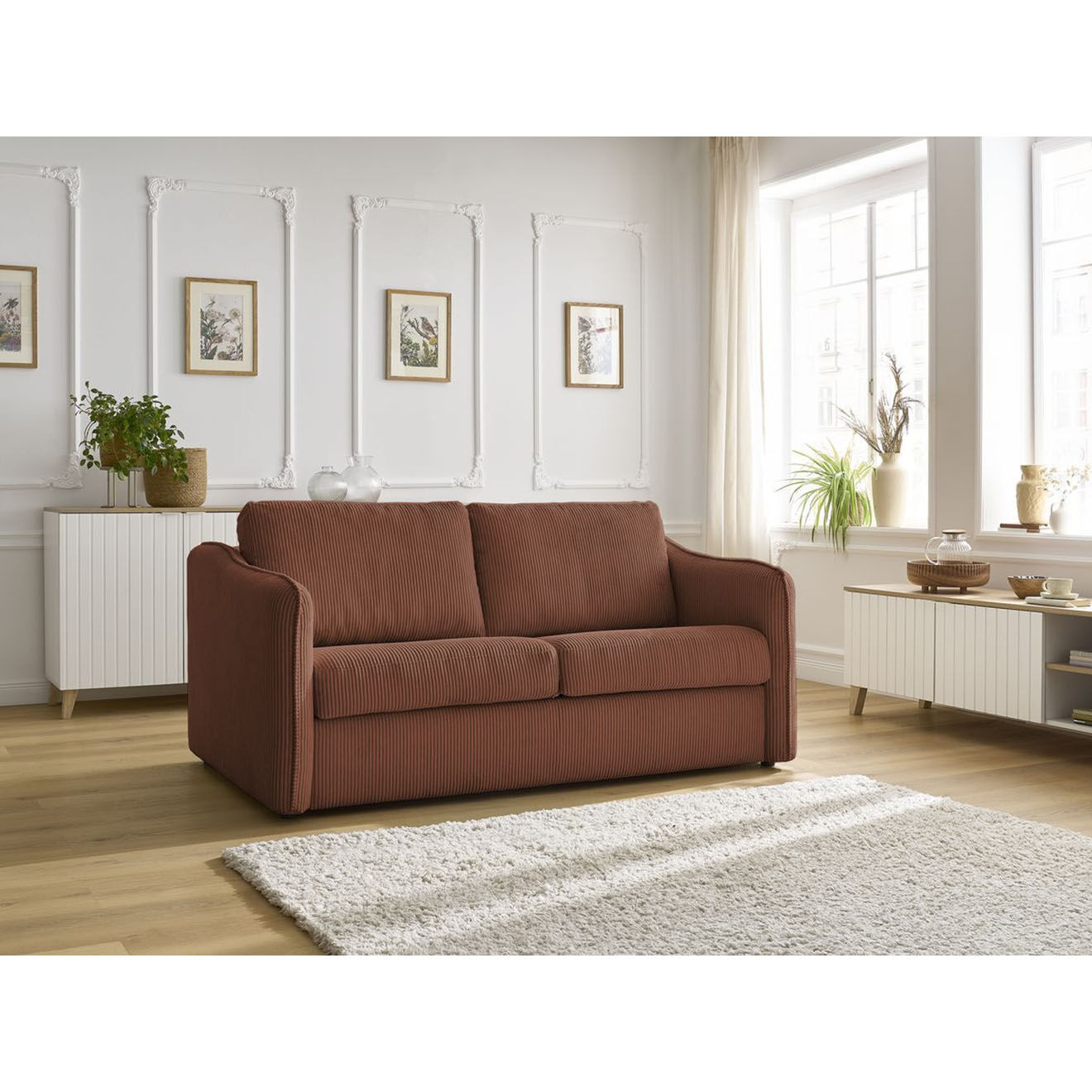 Bobochic Canapé droit convertible express en Velours côtelé 3 places Lenny orange - 178x102x89 cm