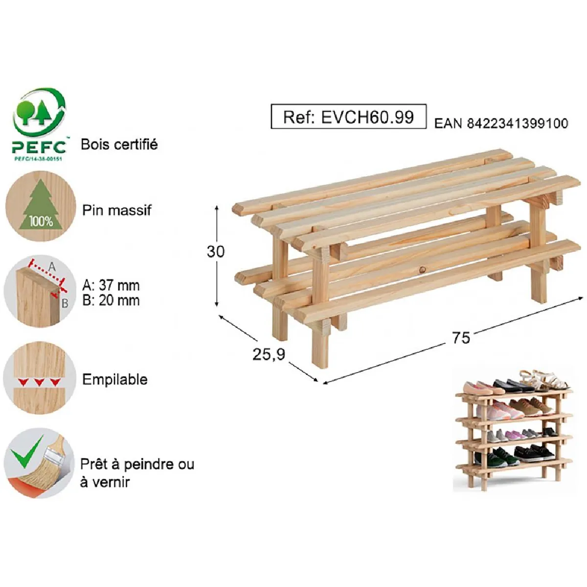 ASTIGARRAGA Meuble Chaussures en Pin Massif