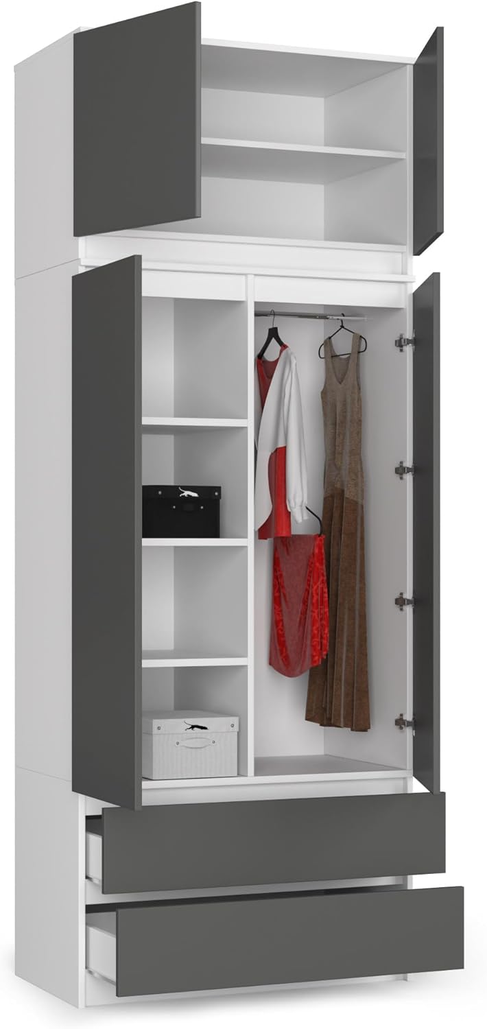BDW Kleiderschrank mit 4 Türen, 4 Einlegeböden, Kleiderbügel, 2 Schubladen - Aufbewahrungsschrank - Moderner Schrank für das Schlafzimmer Wohnzimmer Diele - 234x90x51cm - Weiß/Grau