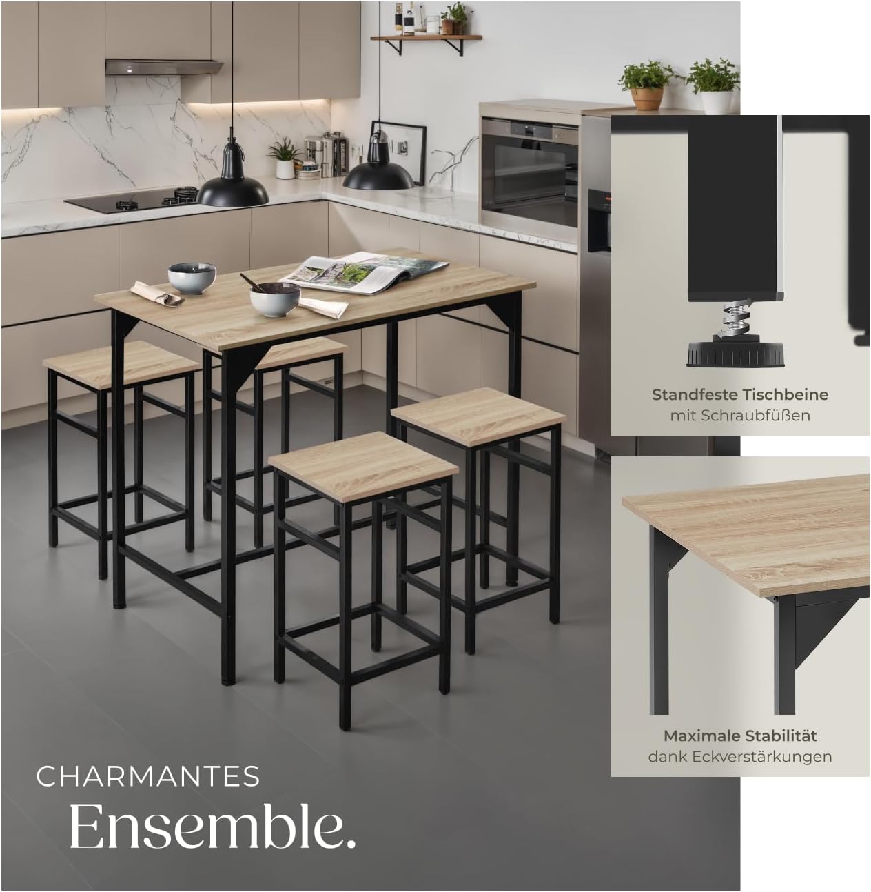 tectake® Bartisch-Set, Stehtisch mit 4 Barhockern, 5-teiliges Tischset, 100 x 60 x 88,5 cm, Industrie-Design, Tischplatte aus Holz, schwarzes Metallgestell (Industrial Holz hell, Eiche Sonoma)