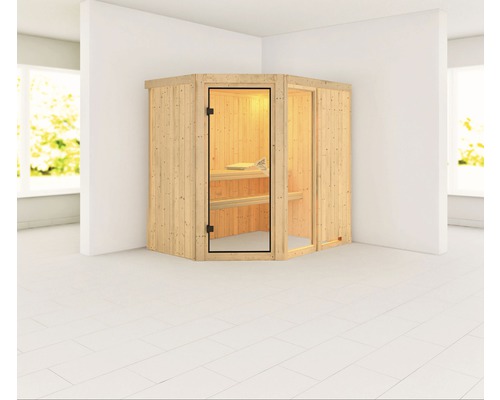 Elementsauna Karibu Siona 1 zonder oven en dakkroon met gebronsde volledig glazen deur
