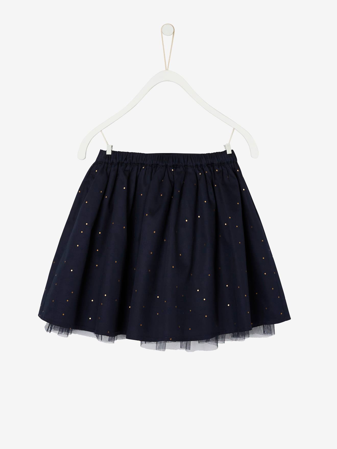 Saia reversível para festa infantil com glitter e bolinhas iridescentes, estampa azul-escura.