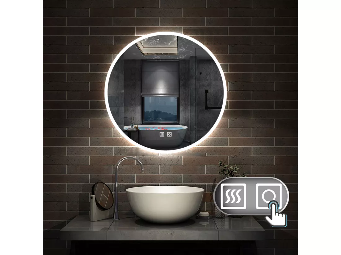 Miroir de Salle de Bain avec Anti-buée + 3 couleurs LED avec lumière et luminosité réglables Rond double interrupteur tactile ∅80cm