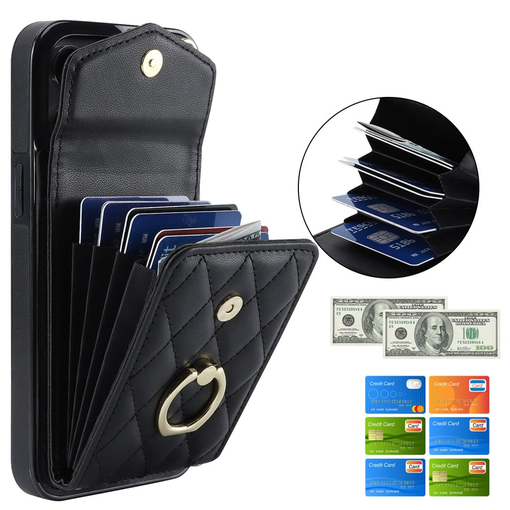 iPhone 15 Pro Necklace Leder Hülle mit Kartenfächer   Finger Griff Halterung   Handykette (RFID Schutz) - Schwarz