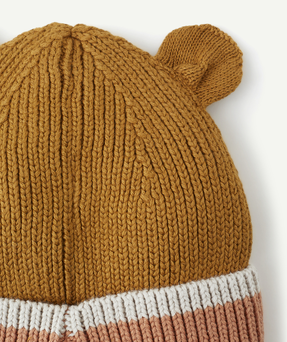 LIEWOODBONNET GINA EN TRICOT CÔTELÉ ET COTON BIO MARRON ET ROSE AVEC OREILLES D’OURS