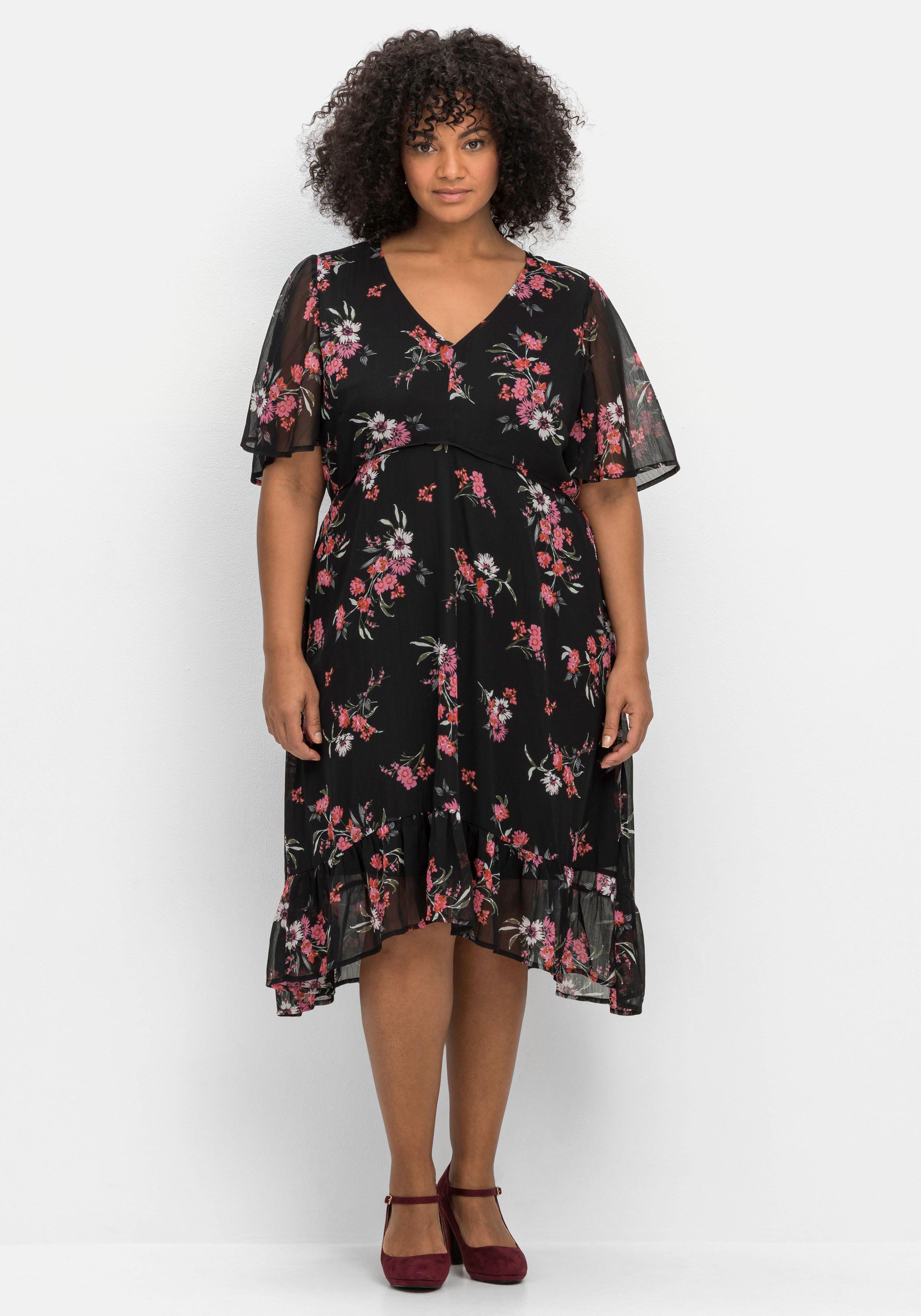 Chiffonkleid mit Blumendruck und Flügelärmeln
