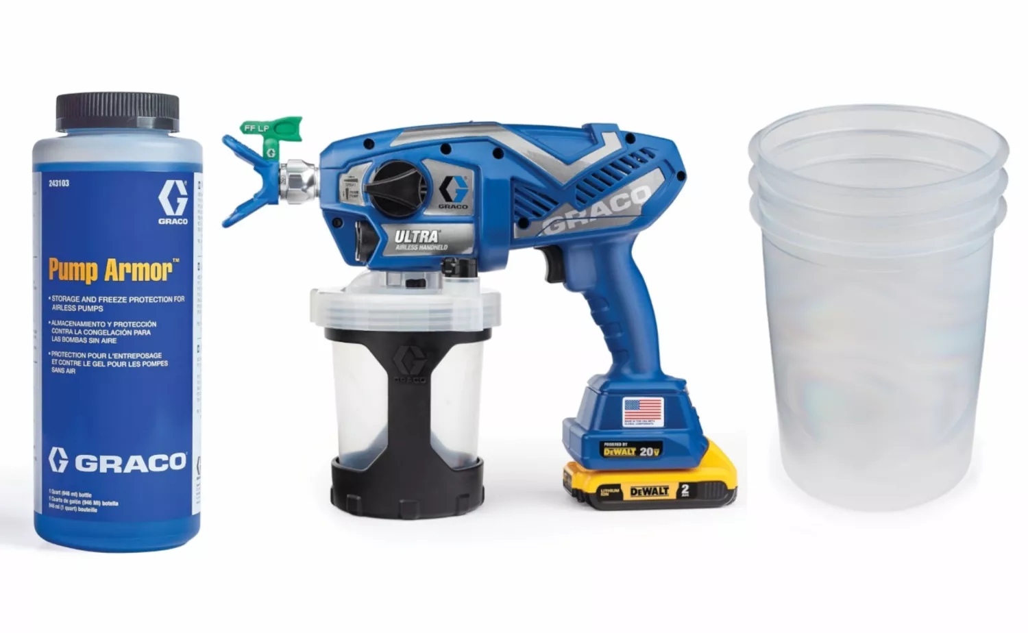 Graco 17M366 Ultra draagbare snoerloze verfspuit verfspuit 17M366 incl. Flexliner 1L bekerzakjes (25st) en Pump Armor vloeibare bescherming 0,95L