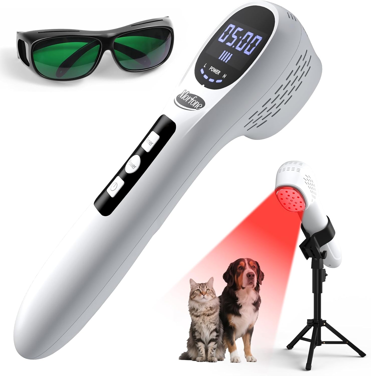 Morfone Rotlicht Handgerät, 5x808nm + 12x650nm, 3600mAh Tragbar Infrarotlampe, 4 Modi Rotlichtlampe zur Muskel, Ganzkörper & Gesicht für Menschen Haustiere, Mit Schutzbrille & Ständer, Weiß