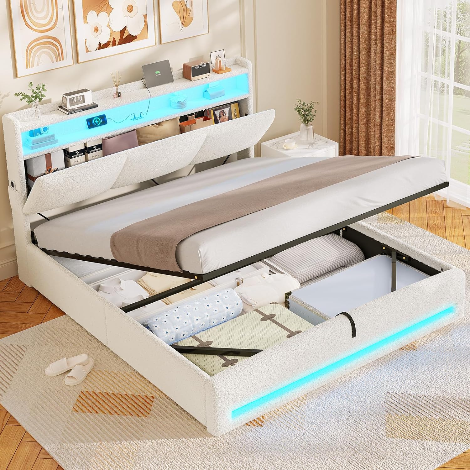 AOGLLATI Polsterbett 140×200 mit Steckdosen und LED-Beleuchtung, Doppelbett mit Stauraum Kopfteil, Bett 140×200 mit Hydraulische Metallrahmen und Lattenrost aus Holz, Bouclé, Beige（Ohne Matratze）