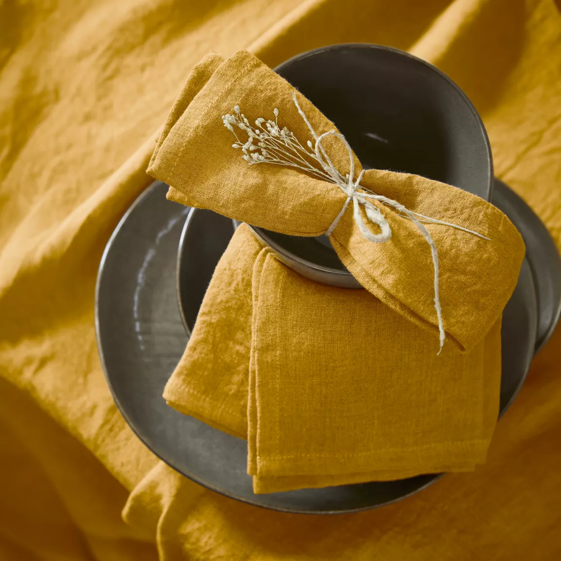 Lot de 3 serviettes lin lavé (40 x 40 cm) Louise Jaune moutarde