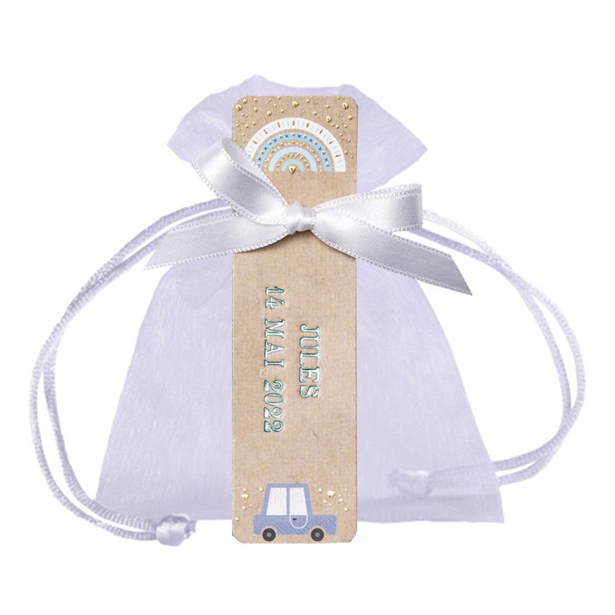 POCHETTE ORGANDI BLANC ETIQUETTE ARC EN CIEL BLEUE