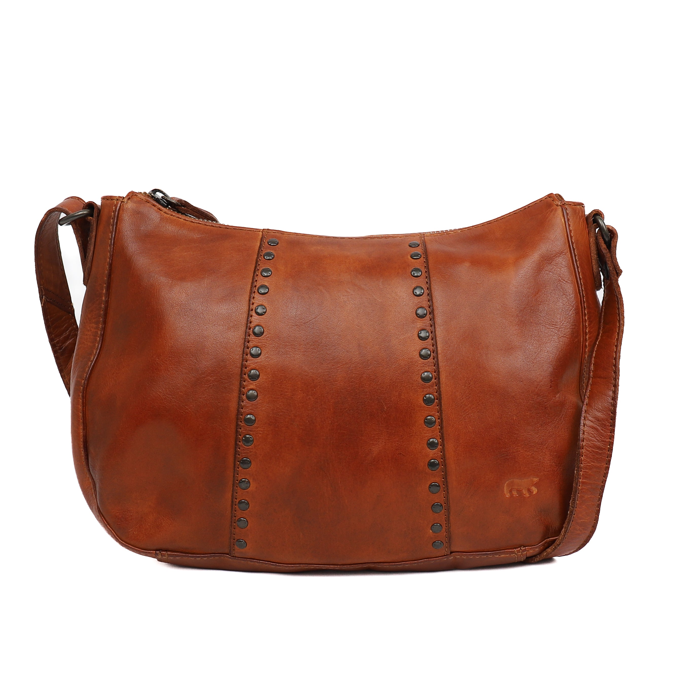 Middelgroot schoudertasje met studs 'Saar' cognac Cognac